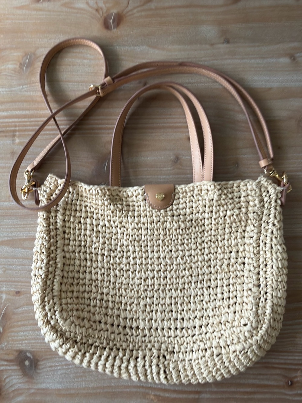 Stoney Clover Lane Beige Crochet Shoulder Bag with Tan Leather Straps